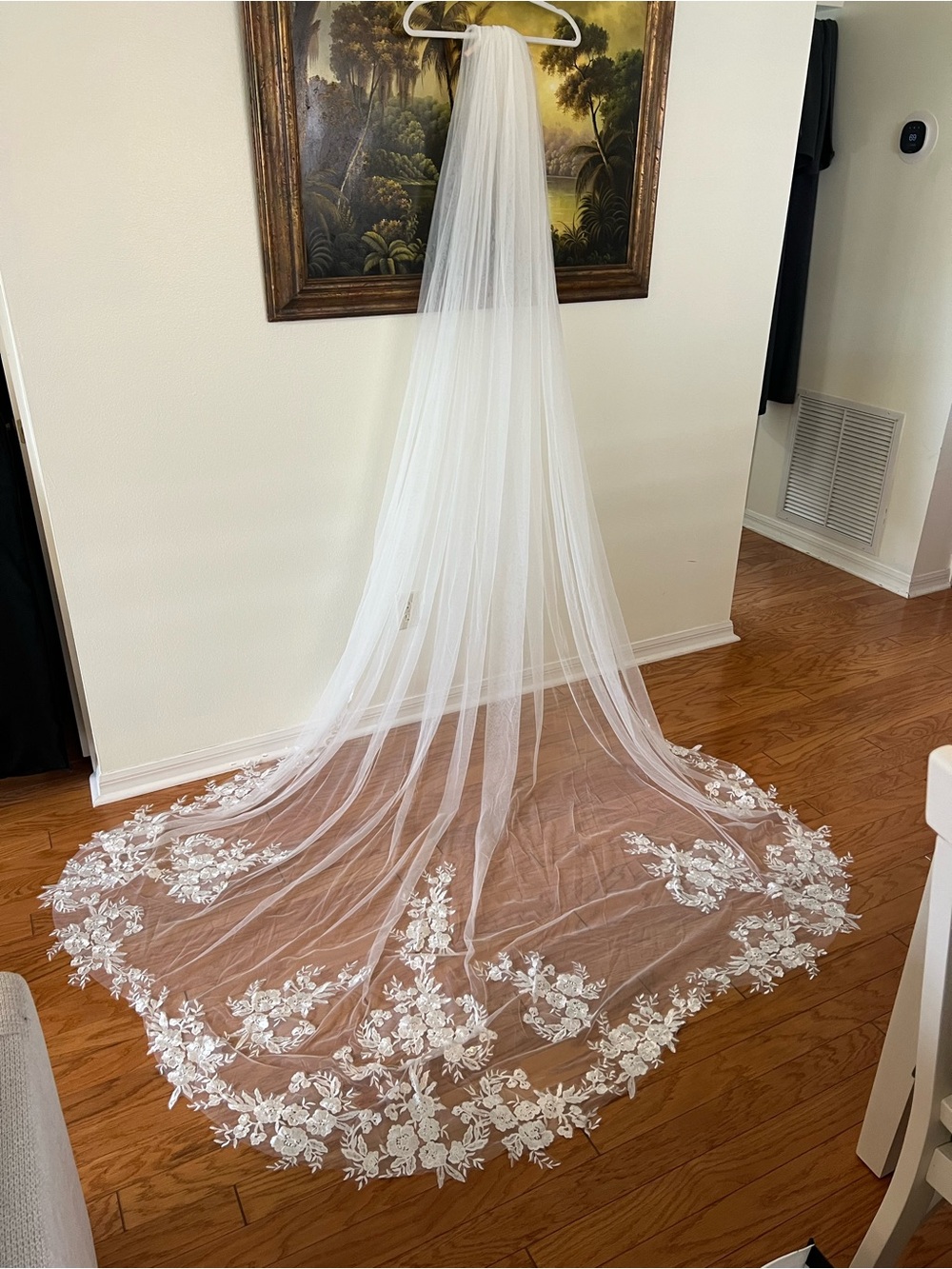 Long White Bridal Veil with Floral Lace Applique